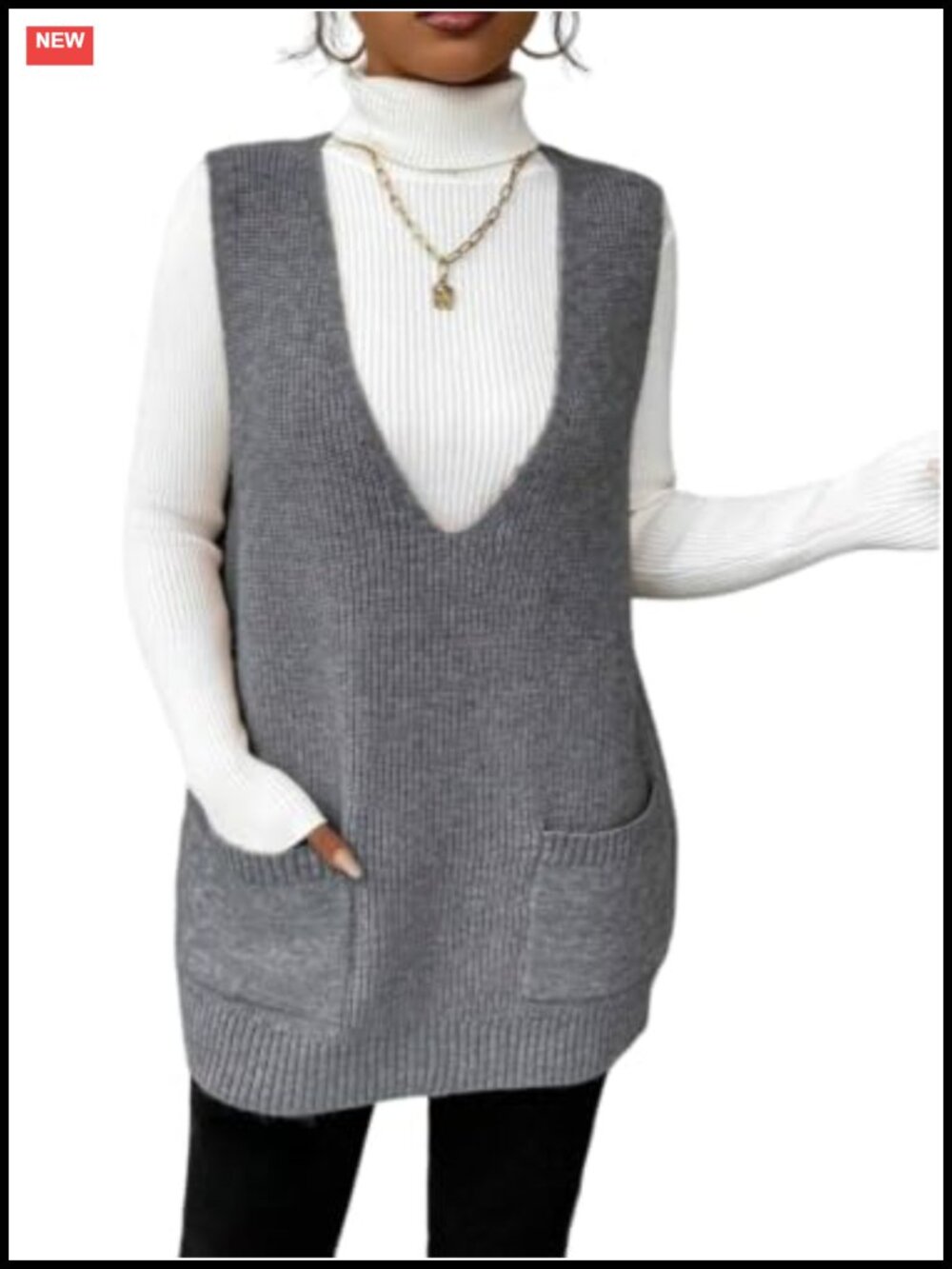 Sleeveless Knit V Neck Sweater Vest Dress with Pockets